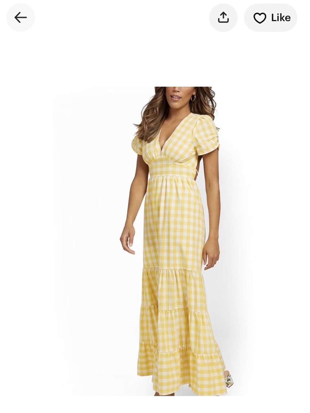 New York & Company Yellow Gingham V-Neck Maxi Dress